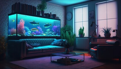 3D illustration of a colorful aquarium in a modern room with RGB colorful lighting. Generative Ai.