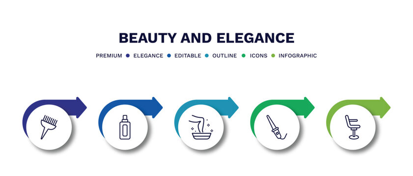 set of beauty and elegance thin line icons. beauty and elegance outline icons with infographic template. linear icons such as tint brush, inclined bottle, pedicure, curlers, beauty salon chair