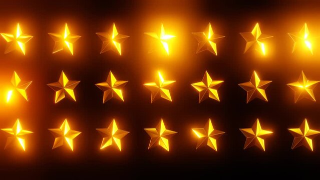 Many golden stars turning on a dark backgrond using as shiny backdrop, 3d animation