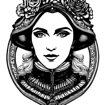 Black and white sketch woman face close view vector illustration, female face drawing