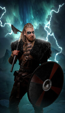 Art of antique viking with black fur against storm and snowy mountains.
