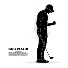 Silhouette of a male golf player isolated on a white background