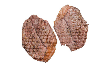 Roasted on grill skillet beef marbled meat steaks.  Isolated, transparent background.