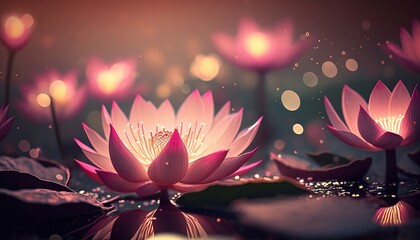3D illustration of a pink lotus flower in water with sunshine. Generative Ai. - obrazy, fototapety, plakaty