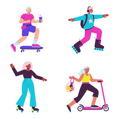 A group of fashionable seniors of different races are actively spending time. Rollerblading, skateboarding, scootering. Active aging. Flat vector illustration of senior active sport.