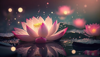 3D illustration of a pink lotus flower in water with sunshine. Generative Ai. - obrazy, fototapety, plakaty