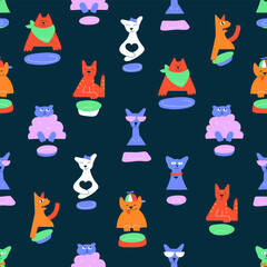 Vector seamless pattern with pets. Hand drawn funny hungry cats waiting for food. Different cats with empty plates and bowls. A cool cat with glasses, a fat cat with a cap, a ridiculous fluffy cat