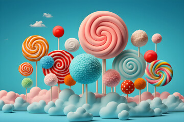 AI generative, Fantasy Colorful lollipops on cotton candy landscape, pink background, illustration