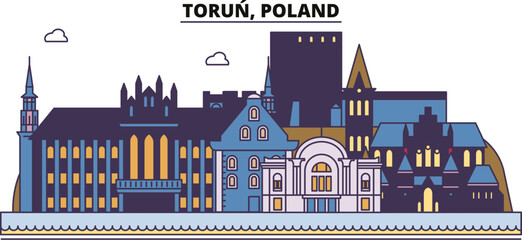 Poland, Torun tourism landmarks, vector city travel illustration - obrazy, fototapety, plakaty