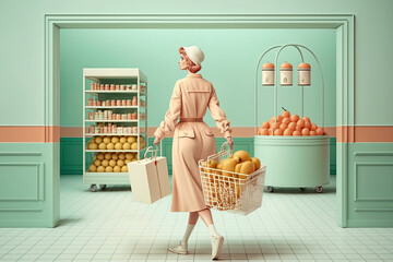 Generative AI Illustration of a woman in 50s style dress with supermarket shopping cart on pastel color background. Pop art vintage artwork - obrazy, fototapety, plakaty