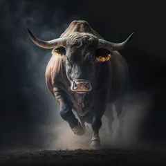 Poster spanish black bull running angry, generative ai © ArgitopIA