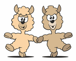 Zwei niedliche Cartoon-Alpakas tanzen Hand in Hand