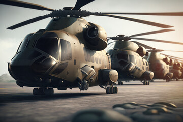 Fototapeta na wymiar military helicopters in a row. generative ai