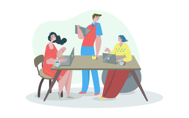 People at the office meeting. Coworkers discussing project. Stylized characters. Flat style vector illustration.