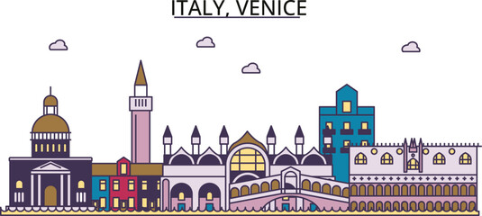 Italy, Venice tourism landmarks, vector city travel illustration - obrazy, fototapety, plakaty
