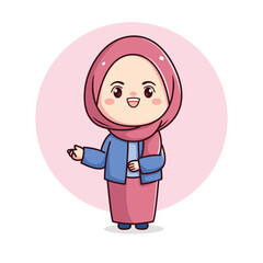 Cute hijab girl in welcome pose or showing something kawaii chibi