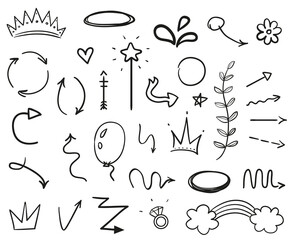 Infographic elements on isolated white background. Hand drawn simple arrows. Line art. Set of different things. Abstract signs. Black and white illustration. Doodles for artwork