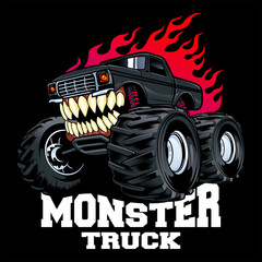 monster truck with mouth and teeth vector logo design inspiration, Design element for logo, poster, card, banner, emblem, t shirt. Vector illustration © SATURA