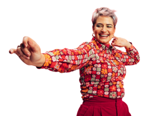Excited young woman dancing and having fun on a transparent background