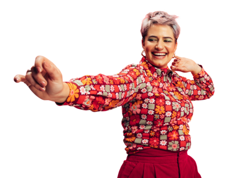 Excited young woman dancing and having fun on a transparent background