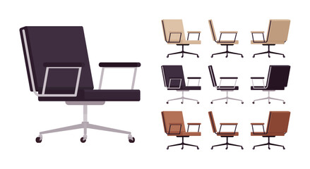 Desk rolling modern chair, armrest, meeting, executive furniture big set. Sitting comfort for working, resting, waiting. Vector flat style cartoon home, office articles isolated on white background