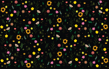 Fototapeta na wymiar Seamless floral pattern with butterflies and flowers on a black background