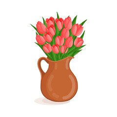 Red bouquet of tulips flowers in a pitcher. Spring blooming vector illustration for women's day, mother's day, easter and other holidays. Floral isolated design for postcard, poster, ad, and other.