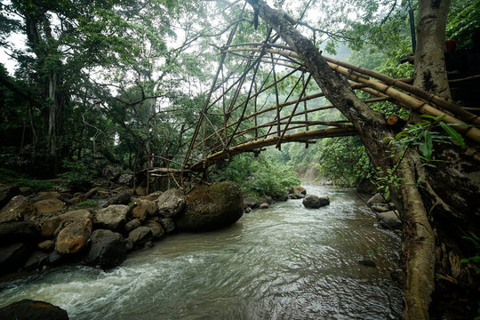 Traditional bridge made of bamboo in Sukabumi, West Java, Indonesia