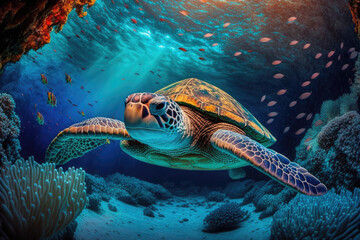 Fototapeta na wymiar Sea turtle swimming in the under sea , Beautiful Underwater and colorful coral in wild nature of the Pacific Ocean, generative AI