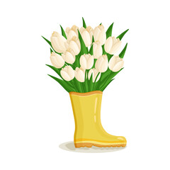 Bouquet of white tulips flowers in rubber boot. Spring composition for women's day, mother's day, easter and other holidays. Floral design isolated vector illustration for postcard, poster and other.