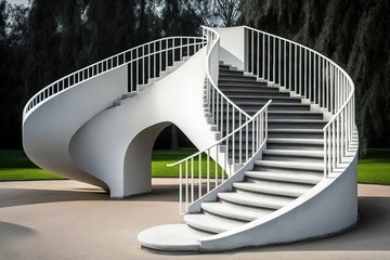 A beautiful white concrete staircase with handrails in the park, AI generated
