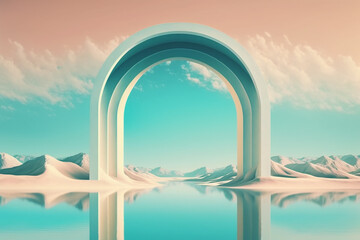 Surreal scenery with mirror arch, calm water and pastel gradient sky. Futuristic minimalist wallpaper. Generative ai.