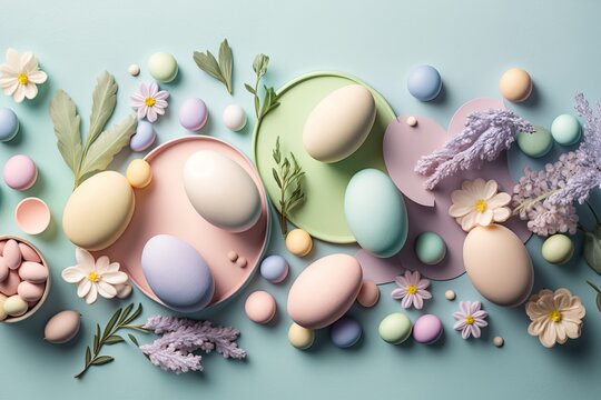 Easter background. Eggs flowers in pastel colors as digital illustration (Generative AI)