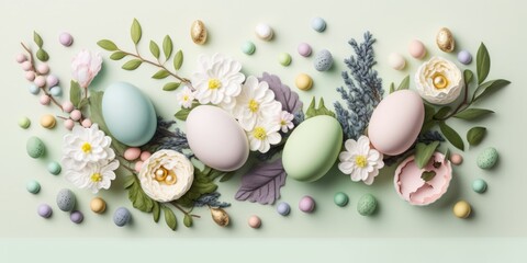 Obraz na płótnie Canvas Easter background. Eggs flowers in pastel colors as digital illustration (Generative AI)