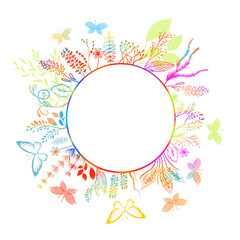 Delicate wedding floral vector design frame. Round frame with colored floral elements. Vector illustration