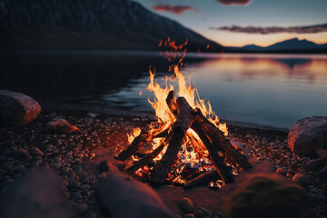 Campfire at the lake. Generative ai.