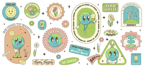 Save the planet stickers in trendy retro cartoon style. World Environment Day. Cute Earth character and mascot.