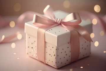 AI Generative, Romantic Soft Pink Wedding Celebration Beige Gift Box with golden ribbons and confetti