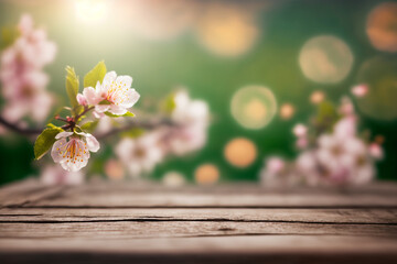 Magic background of spring blossoms on wooden table in green garden with bokeh lights. Generative ai.