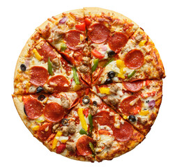 supreme pizza sliced and isolated shot from top view - 581067793