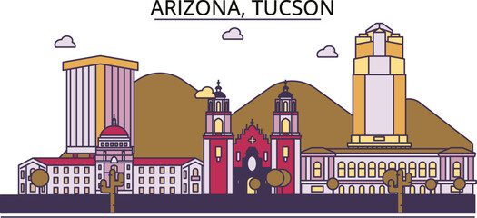 United States, Tucson tourism landmarks, vector city travel illustration