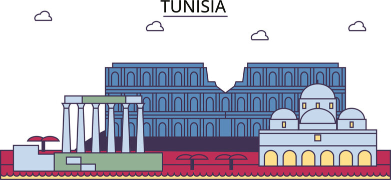 Tunisia tourism landmarks, vector city travel illustration