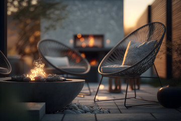 AI Generative, Outdoor backyard fire pit with grey modern outdoor furniture chairs seating on a sunset residential house terrace