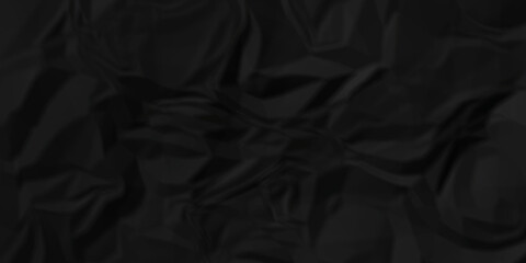 Dark Black facbric paper backdrop crumpled texture. dark black textured crumpled black paper background. panorama black paper texture background, crumpled pattern.