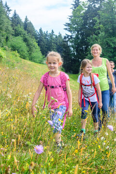 Ausflug ins Grüne mit der Familie, gemeinsame Wanderung auf einem Pfad inmitten einer blühenden Bergwiese