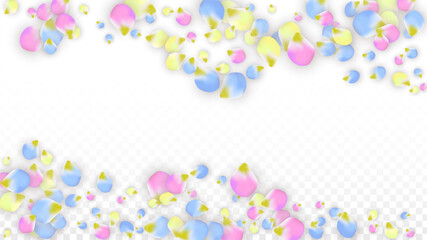 Vector Realistic Colorful Petals Falling on Transparent Background.  Spring Romantic Flowers Illustration. Flying Petals. Sakura Spa Design. Blossom Confetti. Design Elements for Wedding Decoration.