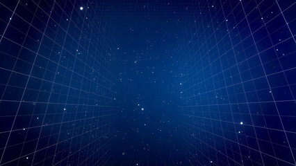 Perspective Grid. Abstract background shining blue particles dust with flare. Futuristic glittering in space on black background