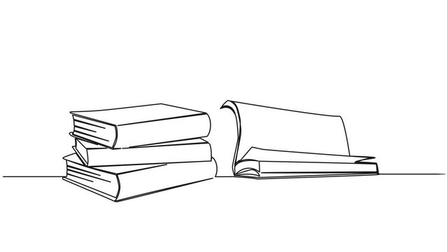 animated continuous single line drawing of open book next to stack of books, line art animation