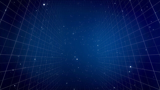 Perspective Grid. Abstract background shining blue particles dust with flare. Futuristic glittering in space on black background