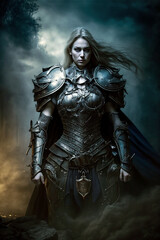 Portrait of a female knight in heavy metal armor. Isolated on smoky background. Generative AI
